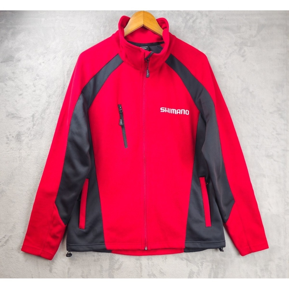 Shimano Fleece Full Zip Jacket Large Red Gray Zip Pockets‎  Logo Outdoor